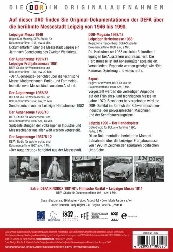 Die Rückseite einer DVD-Hülle mit deutschem Text über die Leipziger Messe von 1946 bis 1990.