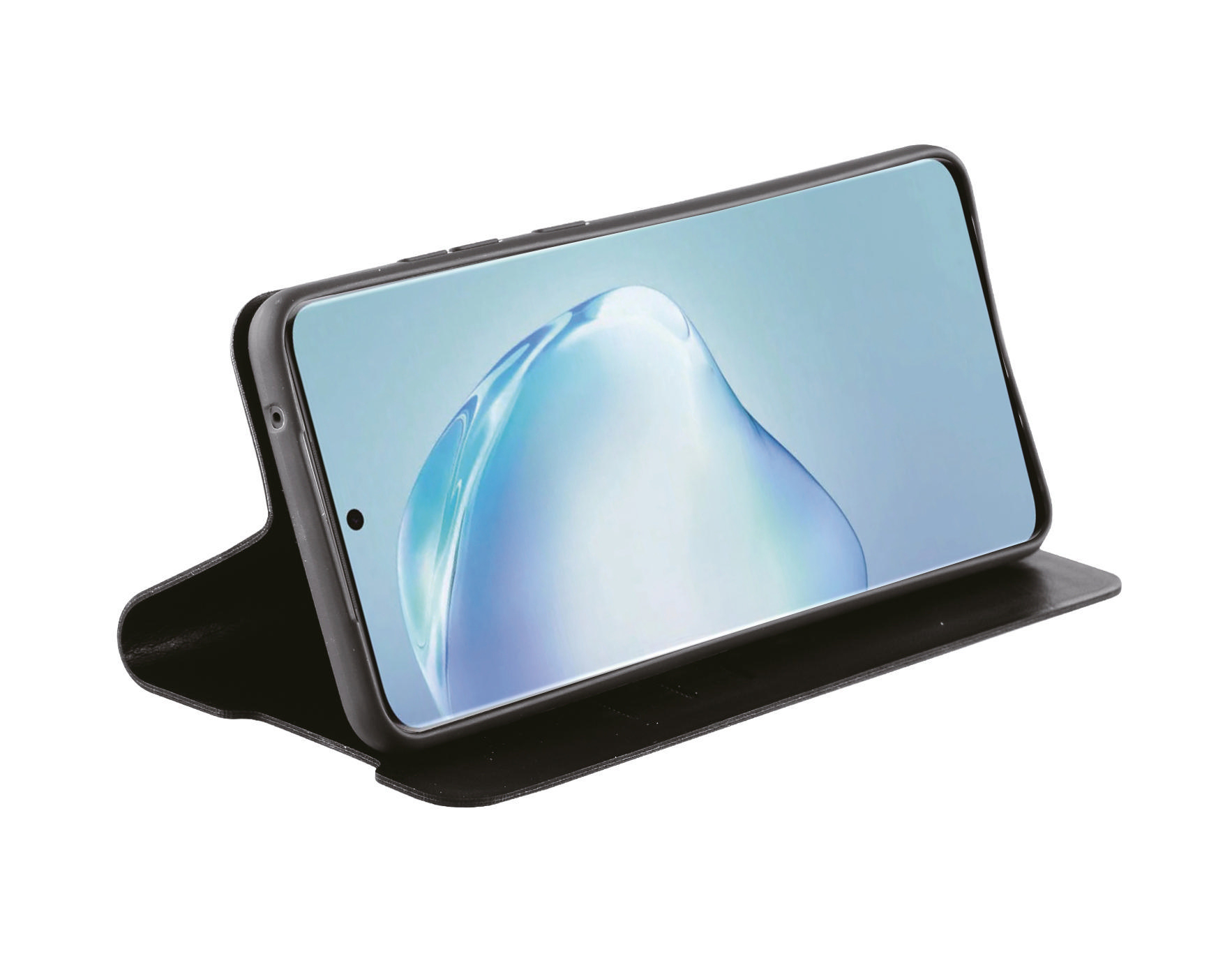 Smartphone in schwarzem Case, auf einem Ständer aufgestellt, mit blauem Bildschirm.