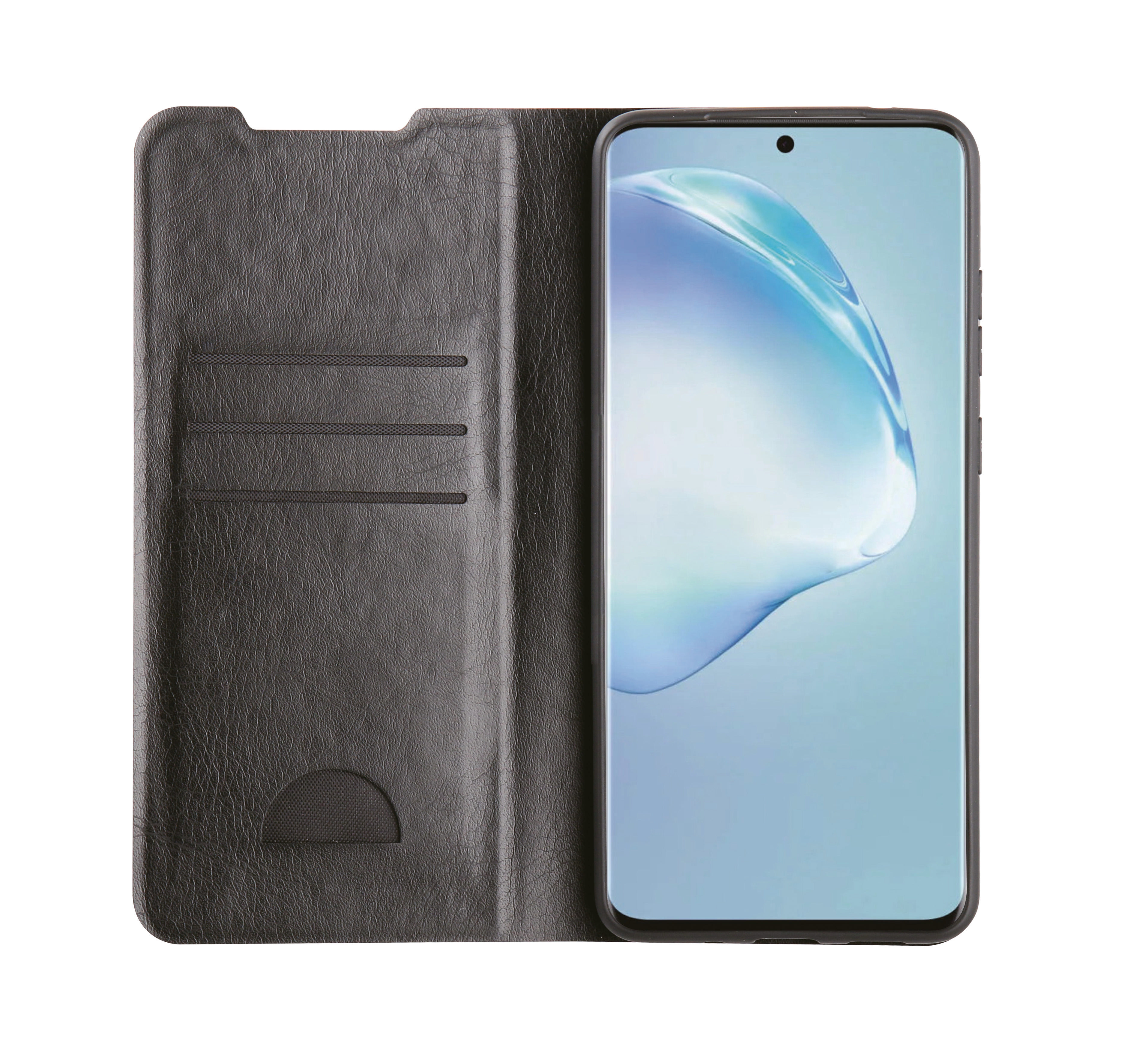 Schwarze, offene Handyhülle. Telefonbildschirm mit dunkler Oberfläche sichtbar. Kartenfächer.