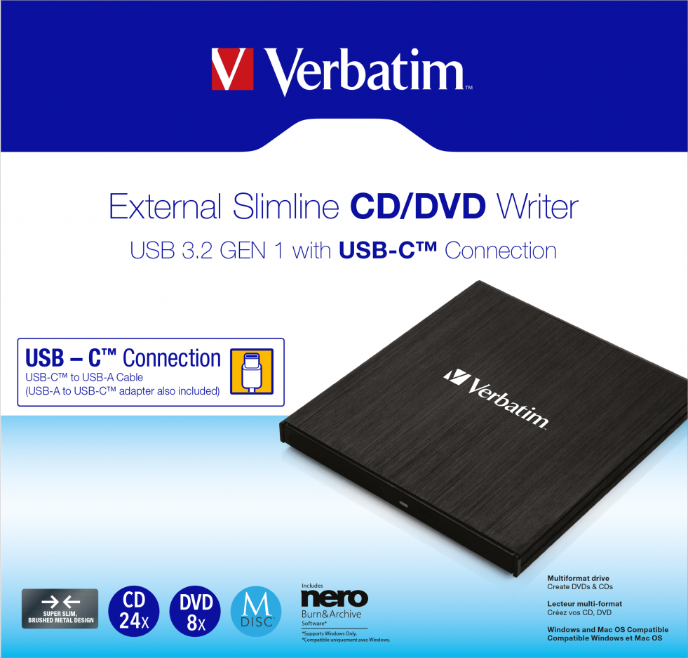 Masterizzatore CD/DVD esterno Verbatim slimline con connessione USB-C.