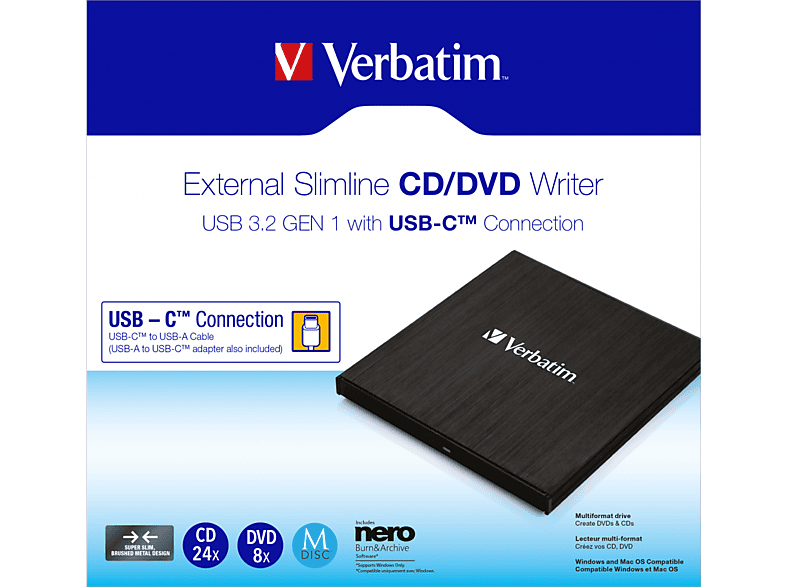 VERBATIM CD/DVD-Brenner Slimline, USB 3.2, Extern, Schwarz — Foto 2 von 5