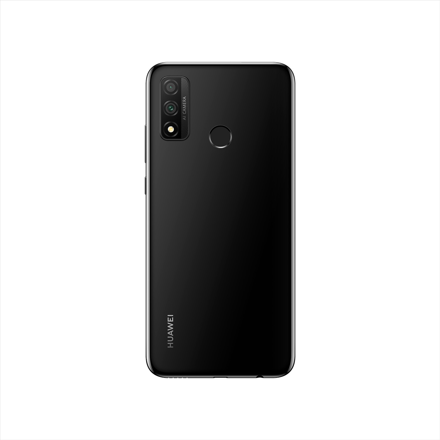La parte trasera de un teléfono Huawei negro con una cámara y el logotipo de Huawei. El fondo es blanco liso.