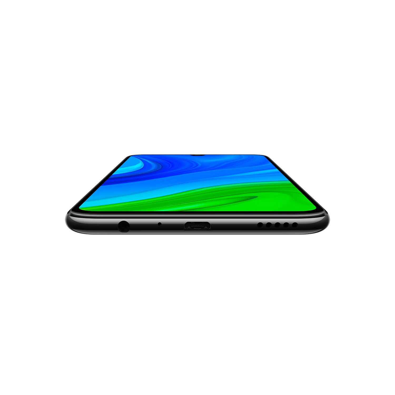 Un smartphone negro sobre un fondo blanco. La pantalla muestra un degradado azul y verde.