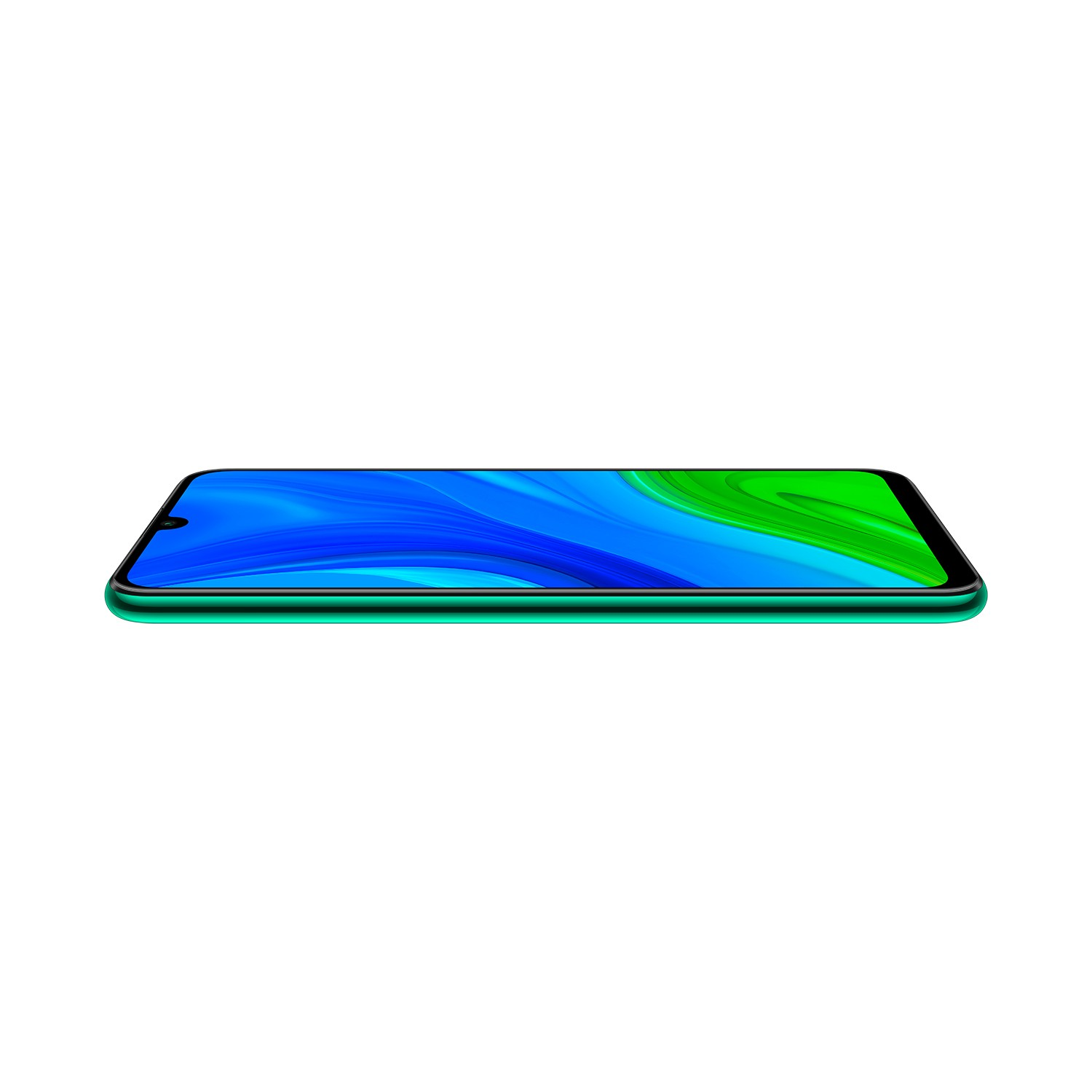 Smartphone. La pantalla muestra olas azules y verdes. El teléfono está sobre una superficie plana. Fondo blanco.