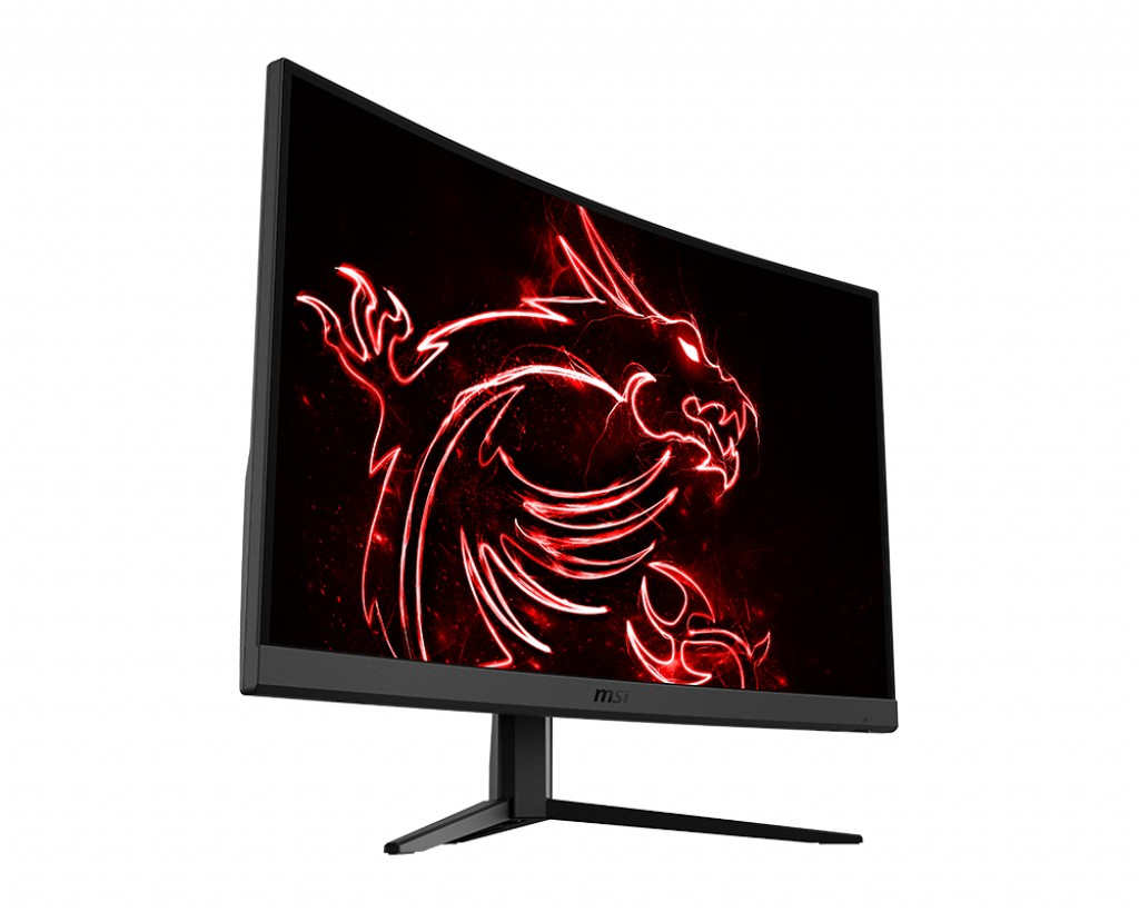 Monitor de computadora curvo. Marco negro, gráfico de dragón rojo en la pantalla. Soporte negro.