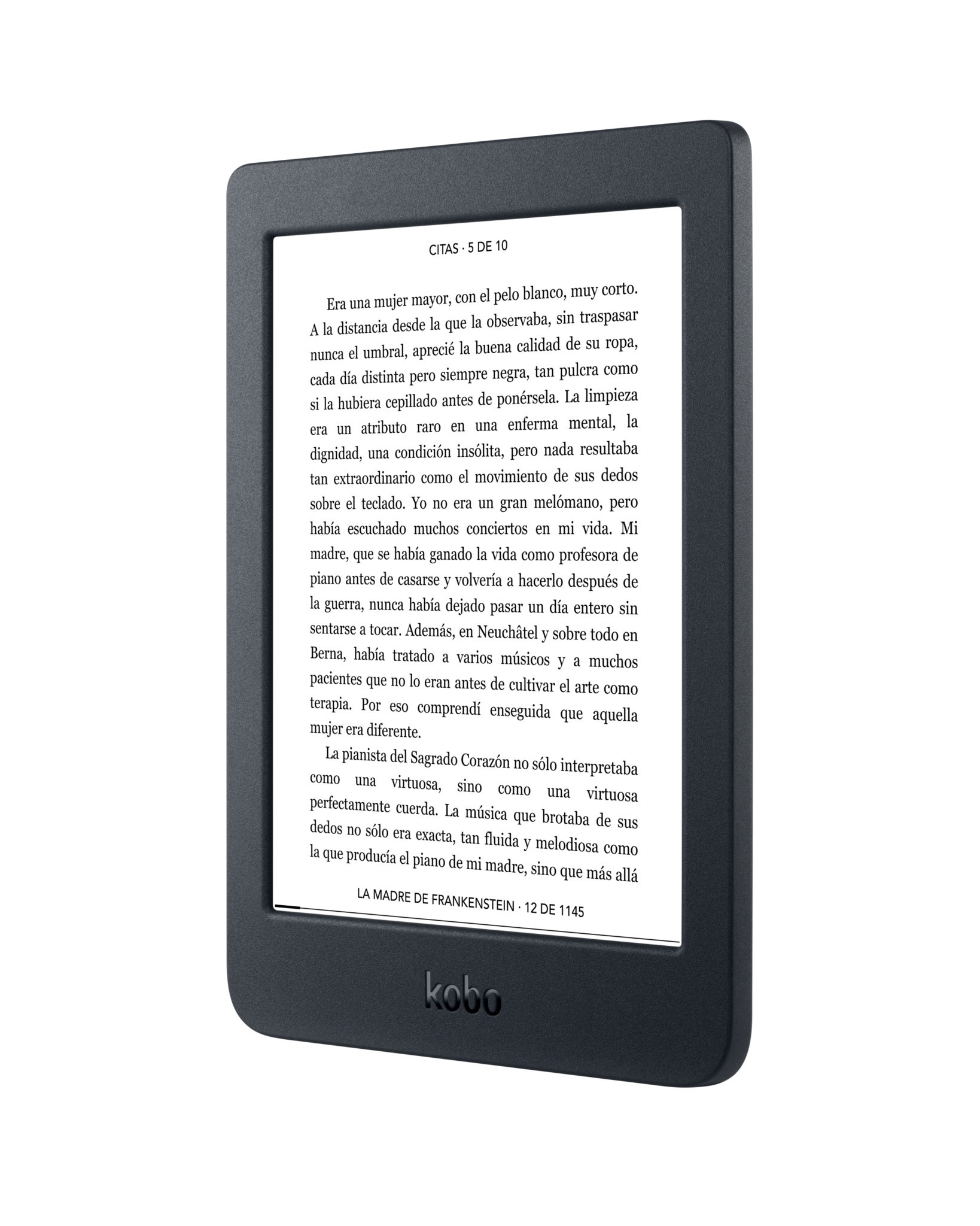 Un lector electrónico Kobo negro que muestra texto. La pantalla es blanca y la carcasa negra.
