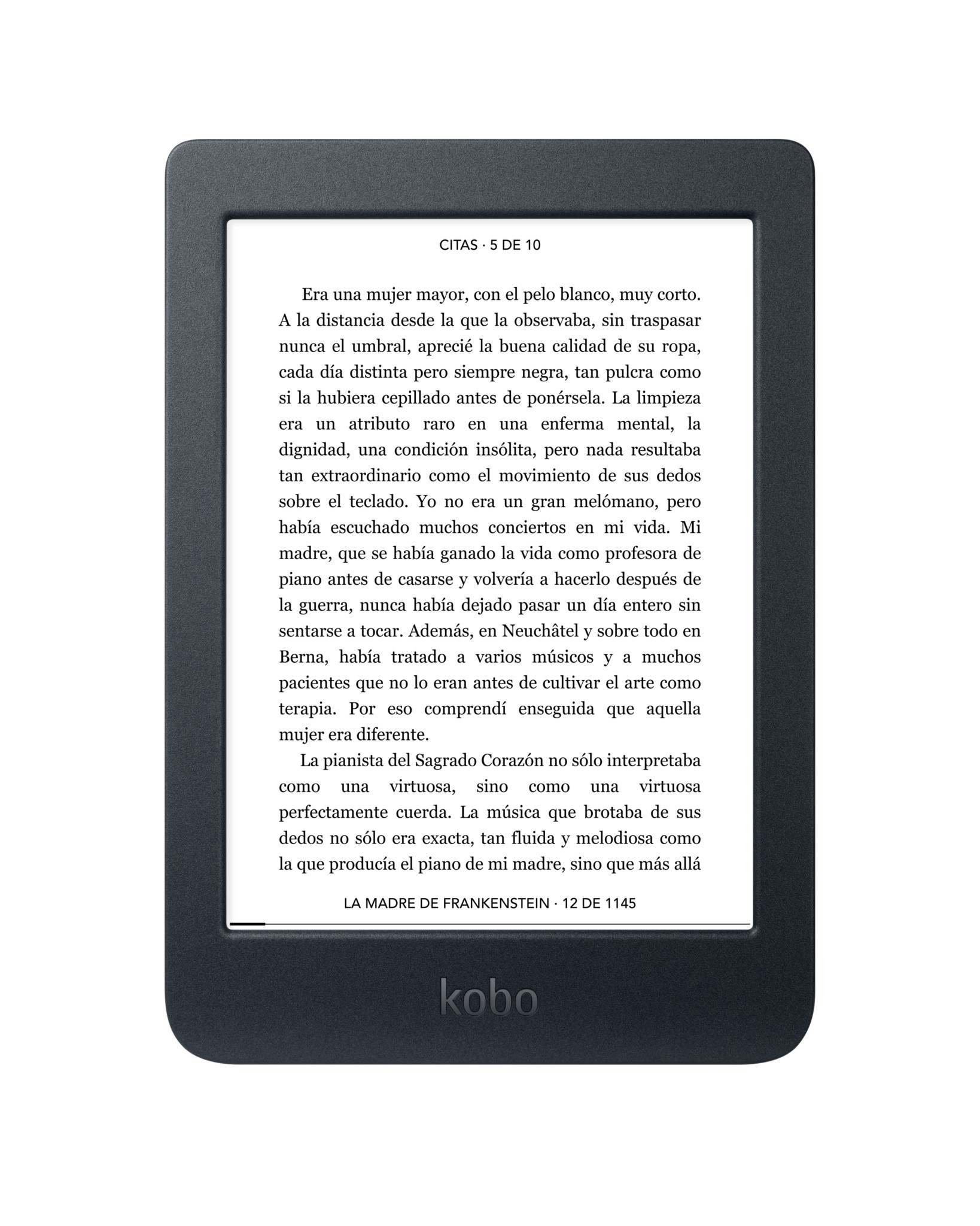 Un lector electrónico Kobo negro que muestra texto en la pantalla. El texto está en español y el fondo es blanco.