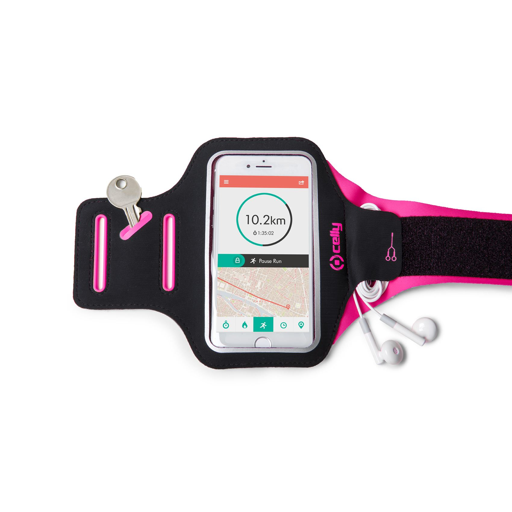Funda - Celly ARMBANDXLPK, Brazalete para Smartphones, Para Apple 5/5S/SE, Universal hasta 5", Rosa