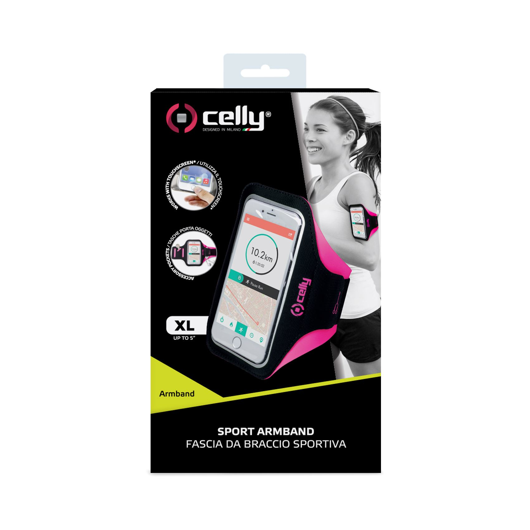 Funda - Celly ARMBANDXLPK, Brazalete para Smartphones, Para Apple 5/5S/SE, Universal hasta 5", Rosa