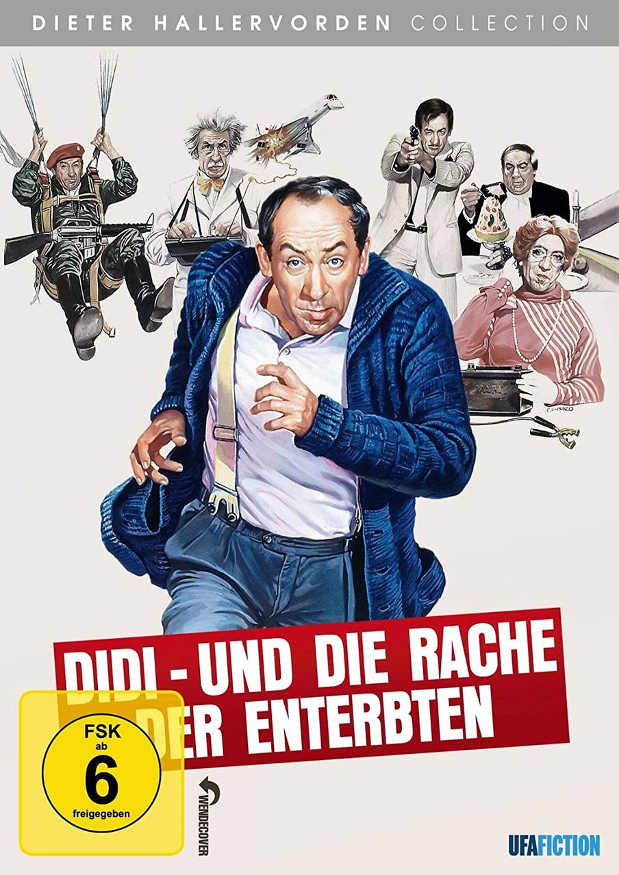 DVD-Cover von "Didi und die Rache der Enterbten" mit einem Mann im blauen Mantel und Figuren.