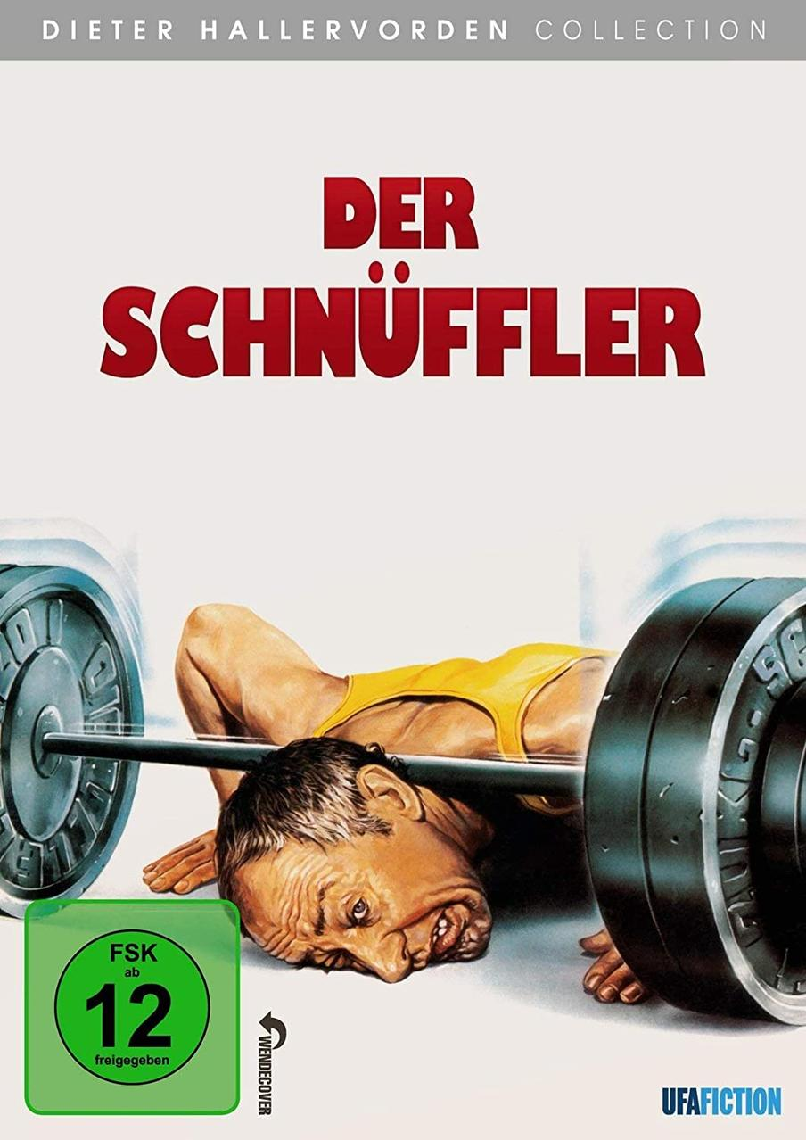 DVD-Cover, Mann hebt Gewichte, liegend, Text: Der Schnüffler, FSK 12.