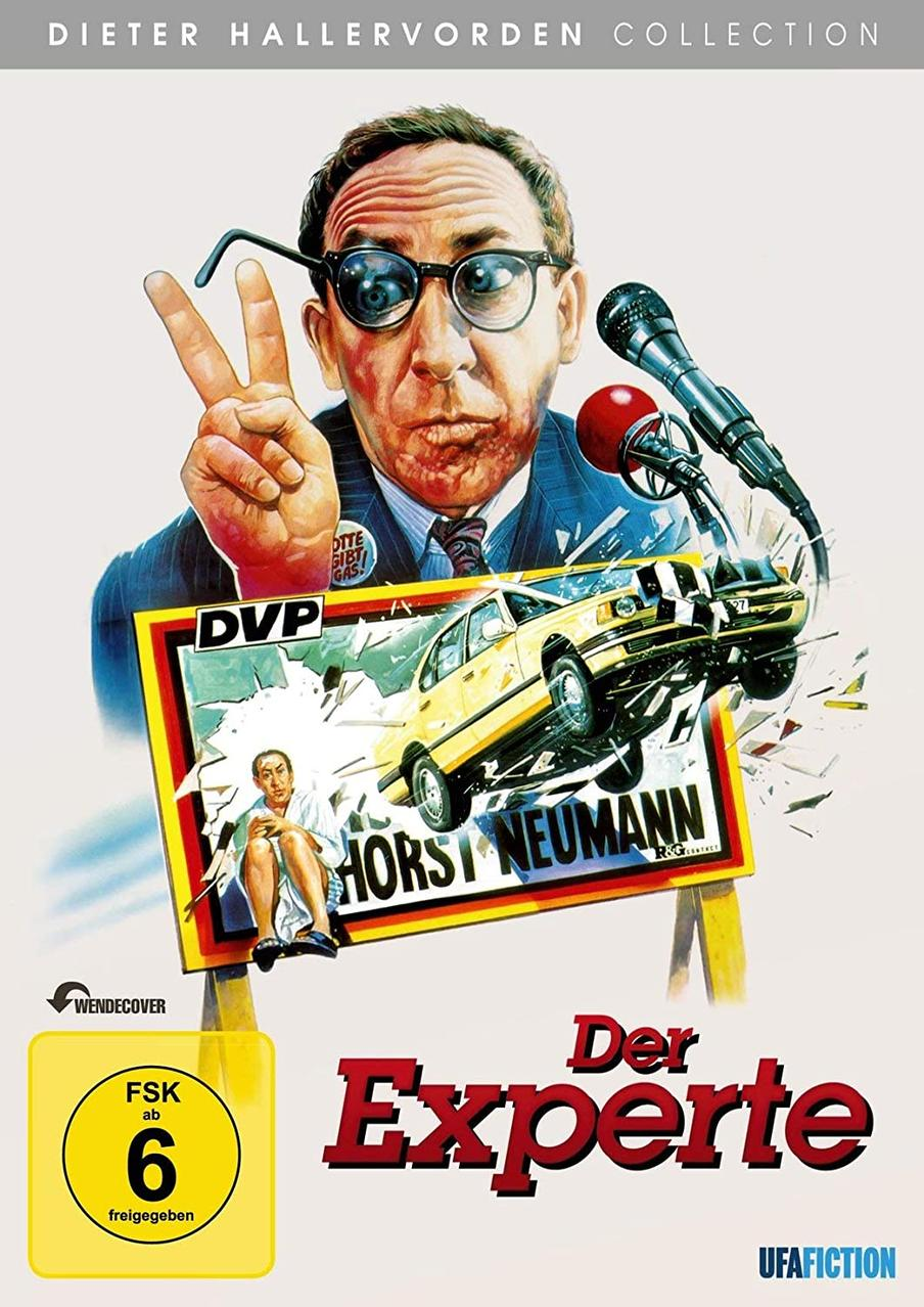 Filmposter mit Brille tragendem Mann. Auf dem Poster ist ein gelbes Auto.