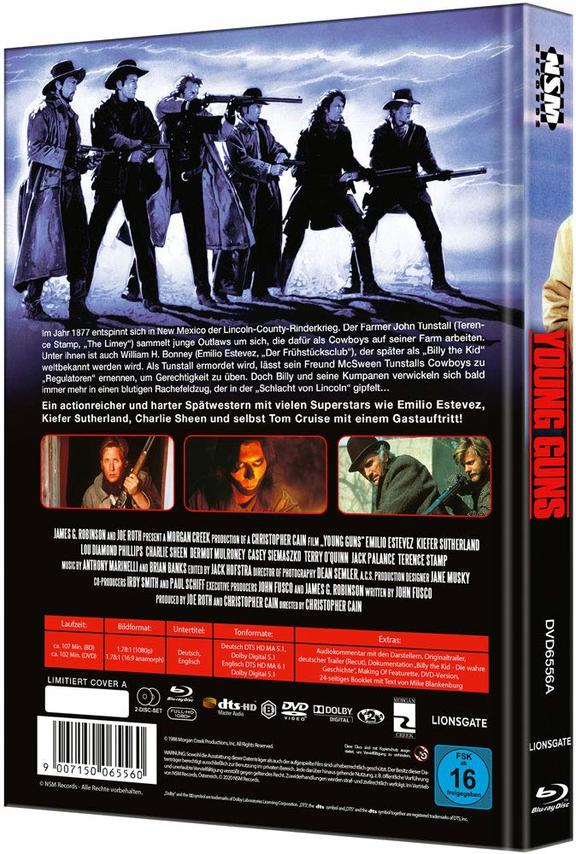 DVD-Cover von Young Guns mit Schauspielern und Text, mit blauem Hintergrund.