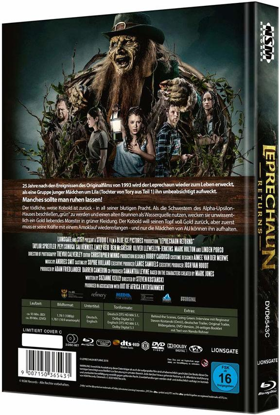 DVD-Hülle mit einem Bild eines Leprechauns und Menschen in einem Wald, mit dem Titel.
