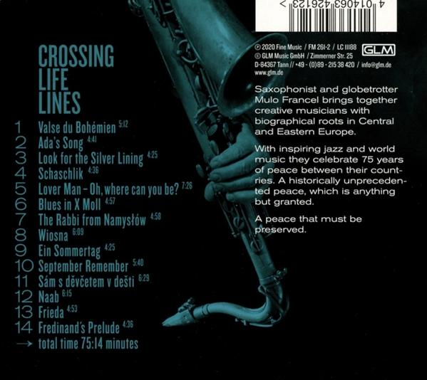 Rückseite eines CD-Covers mit Songtiteln, Credits und einem Saxophon.