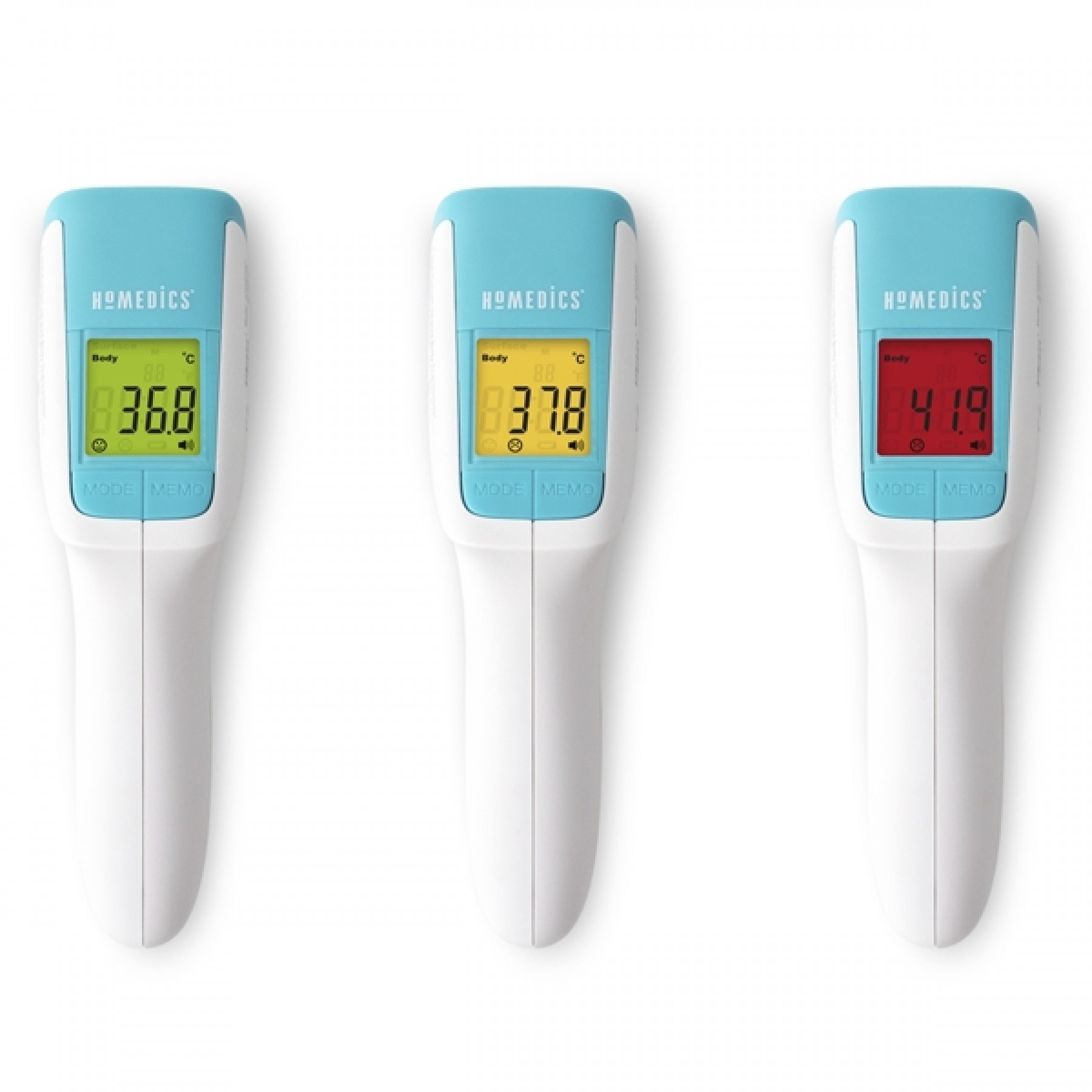 Drie Homedics thermometers met verschillende temperatuurmetingen en kleuren.