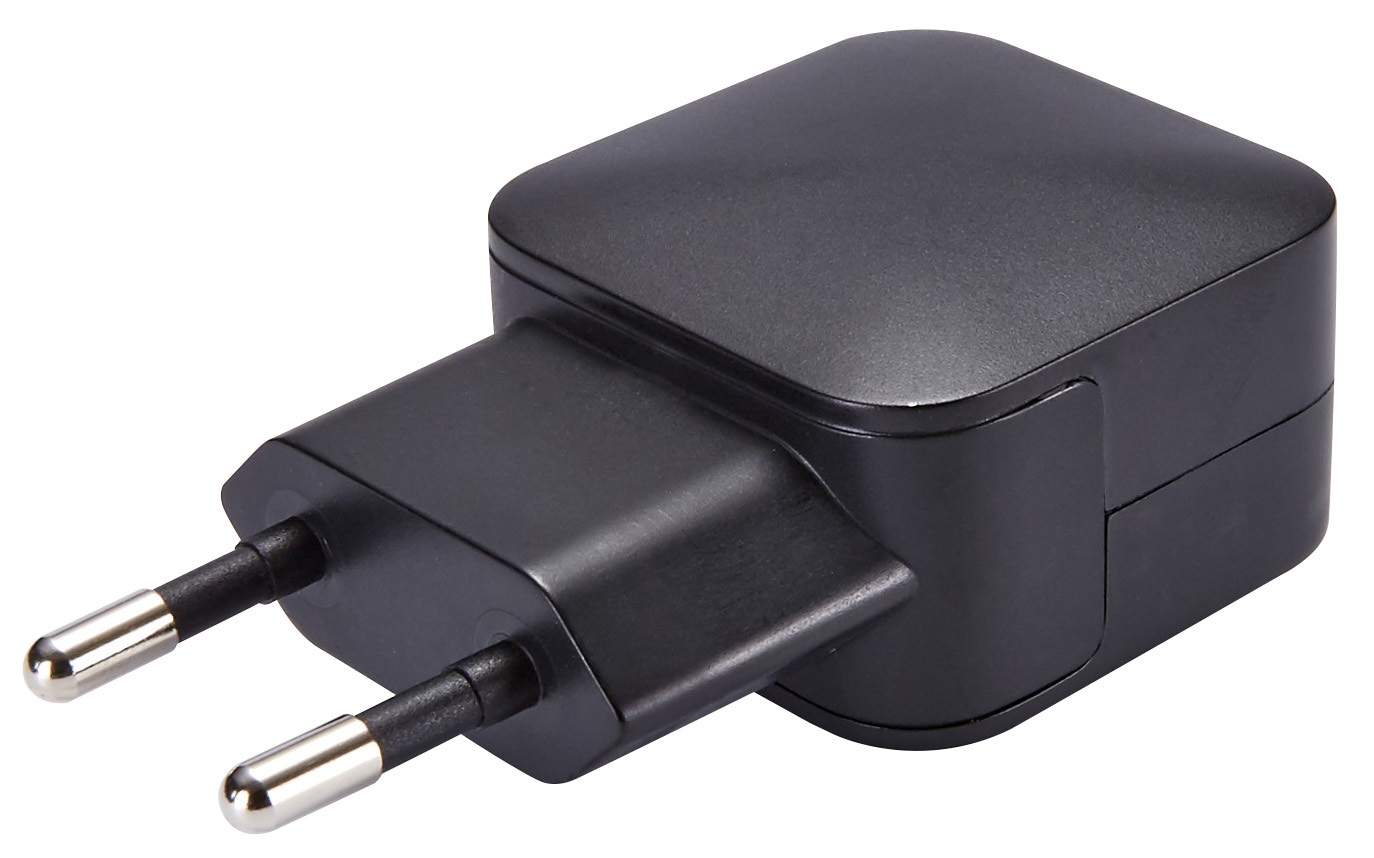 Schwarzer Netzadapter mit zwei Metallstiften.