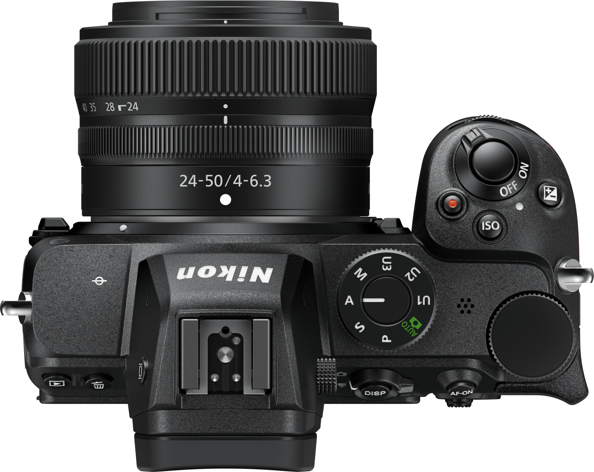 Draufsicht auf eine schwarze Nikon-Kamera mit Objektiv. Die Kamera ist auf schwarzem Grund.