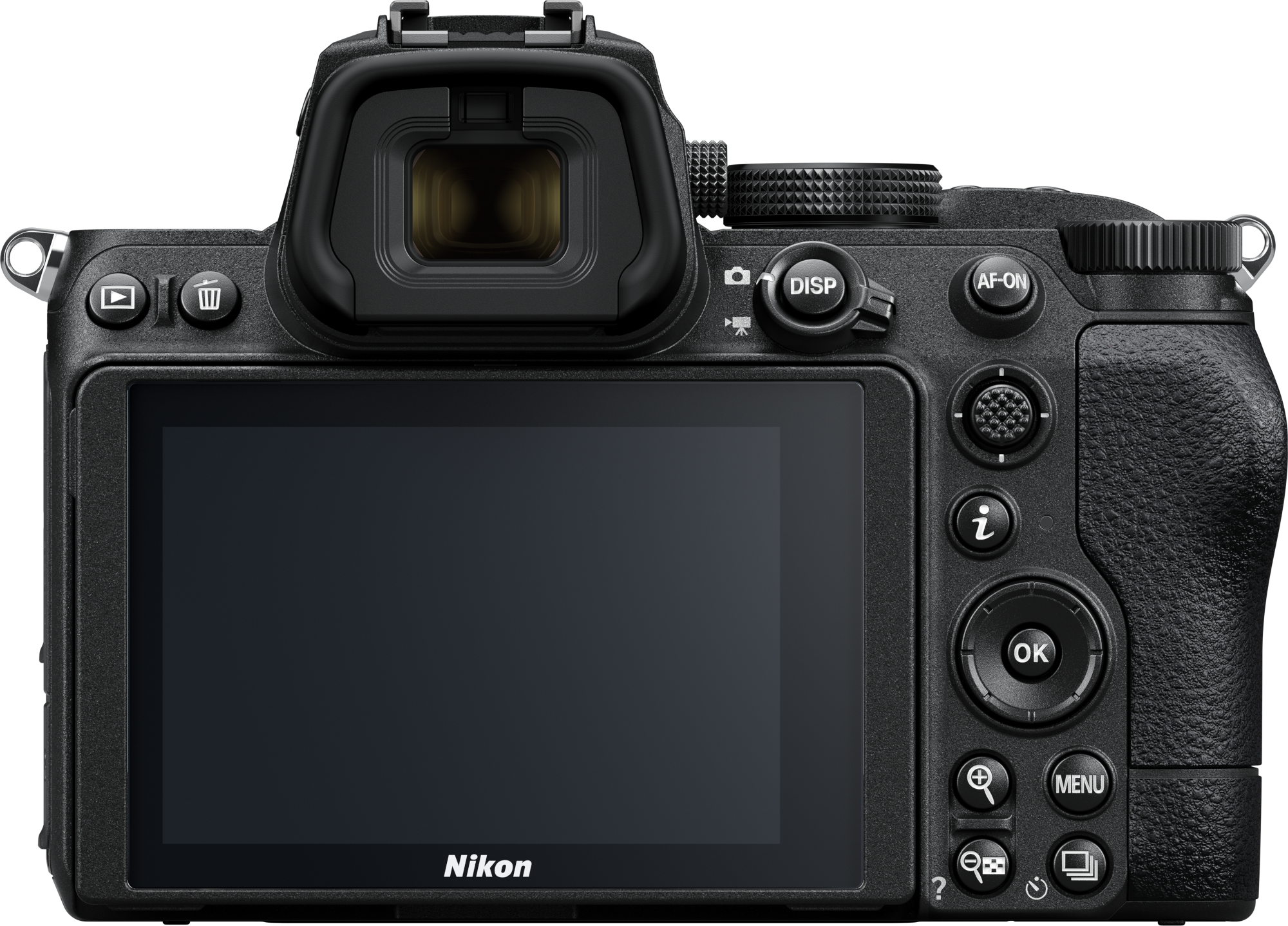 Schwarze Nikon Kamera, Rückansicht, zeigt den LCD-Bildschirm, Knöpfe und Sucher. Der Hintergrund ist schwarz.