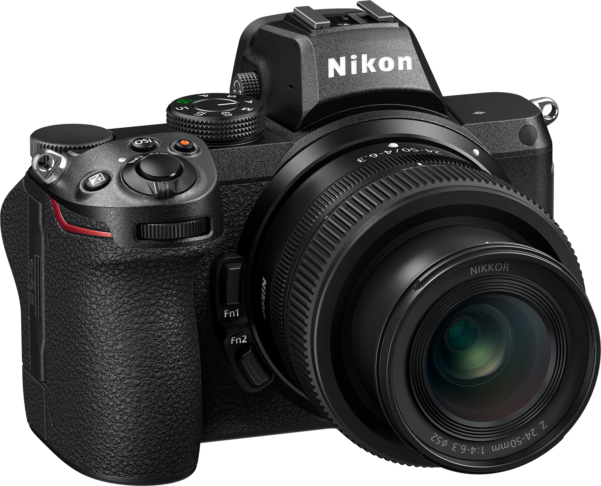 Eine schwarze Nikon-Kamera mit Objektiv, Knöpfen und Einstellrädern. Schwarzer Hintergrund.