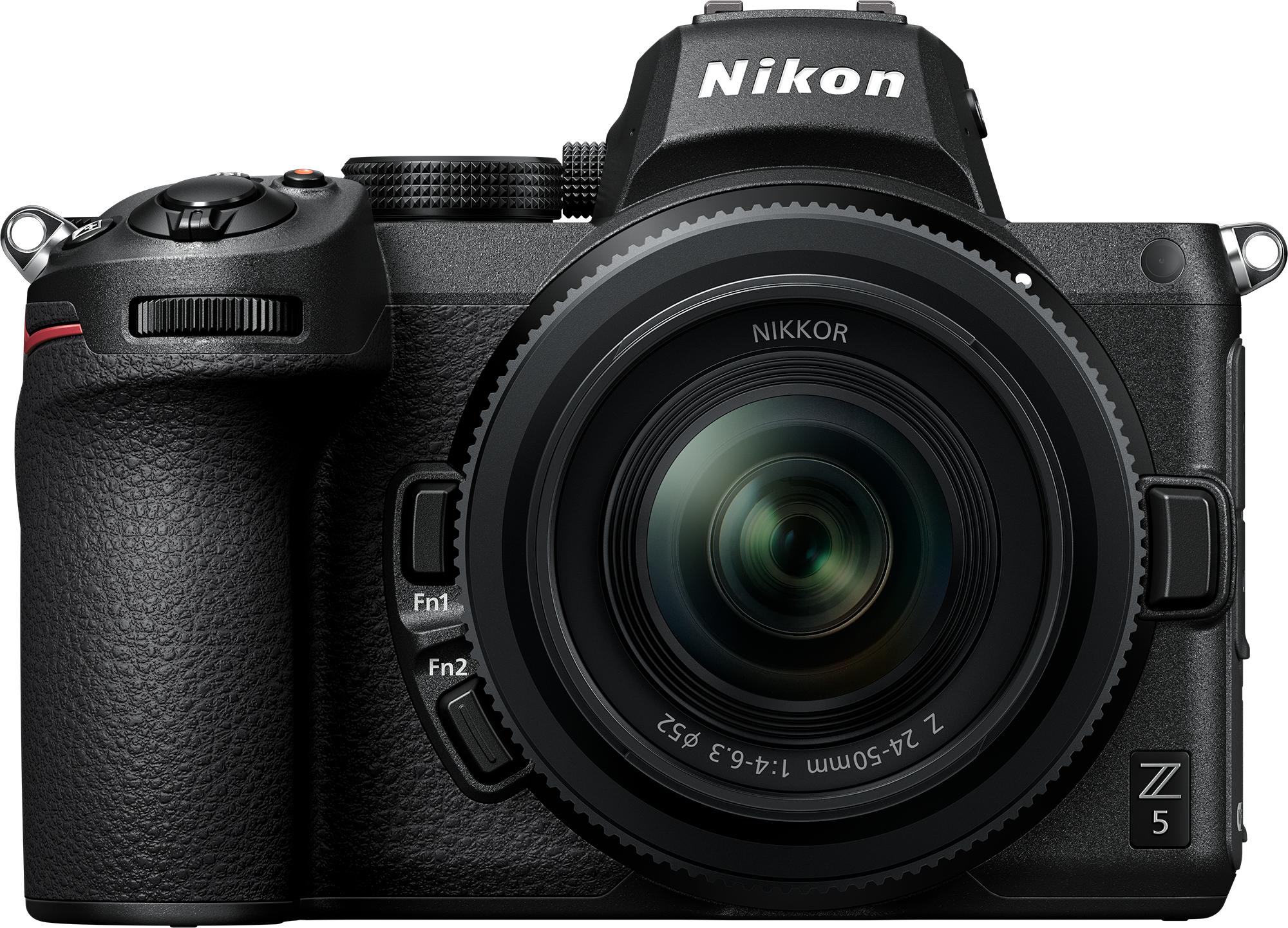 Schwarze Nikon Z 5 Kamera mit Objektiv. Nikon-Logo oben. Schwarzer Hintergrund.