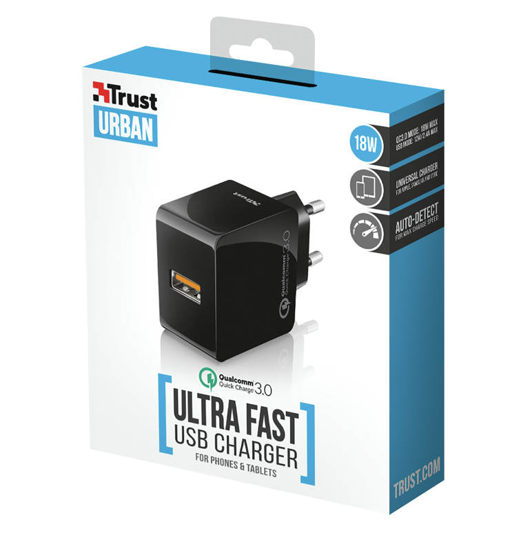 Egy fekete-fehér doboz a Trust Urban USB töltőhöz. A doboz sötét háttéren van.