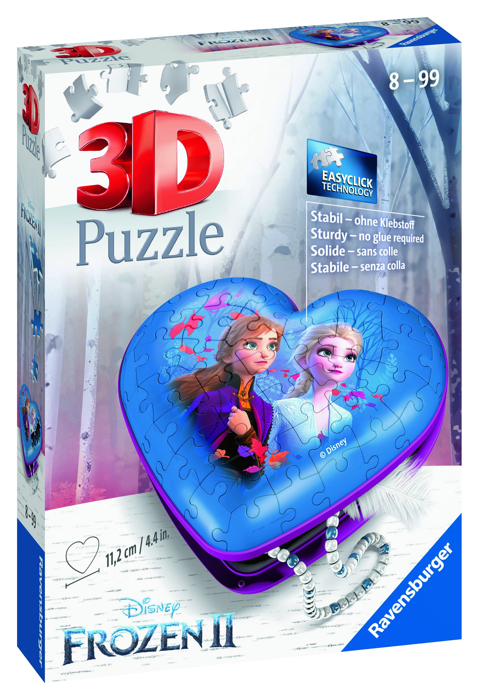 Frozen II 3D-Puzzle-Box. Das Puzzle ist herzförmig und zeigt Anna und Elsa. Enthält eine Halskette.