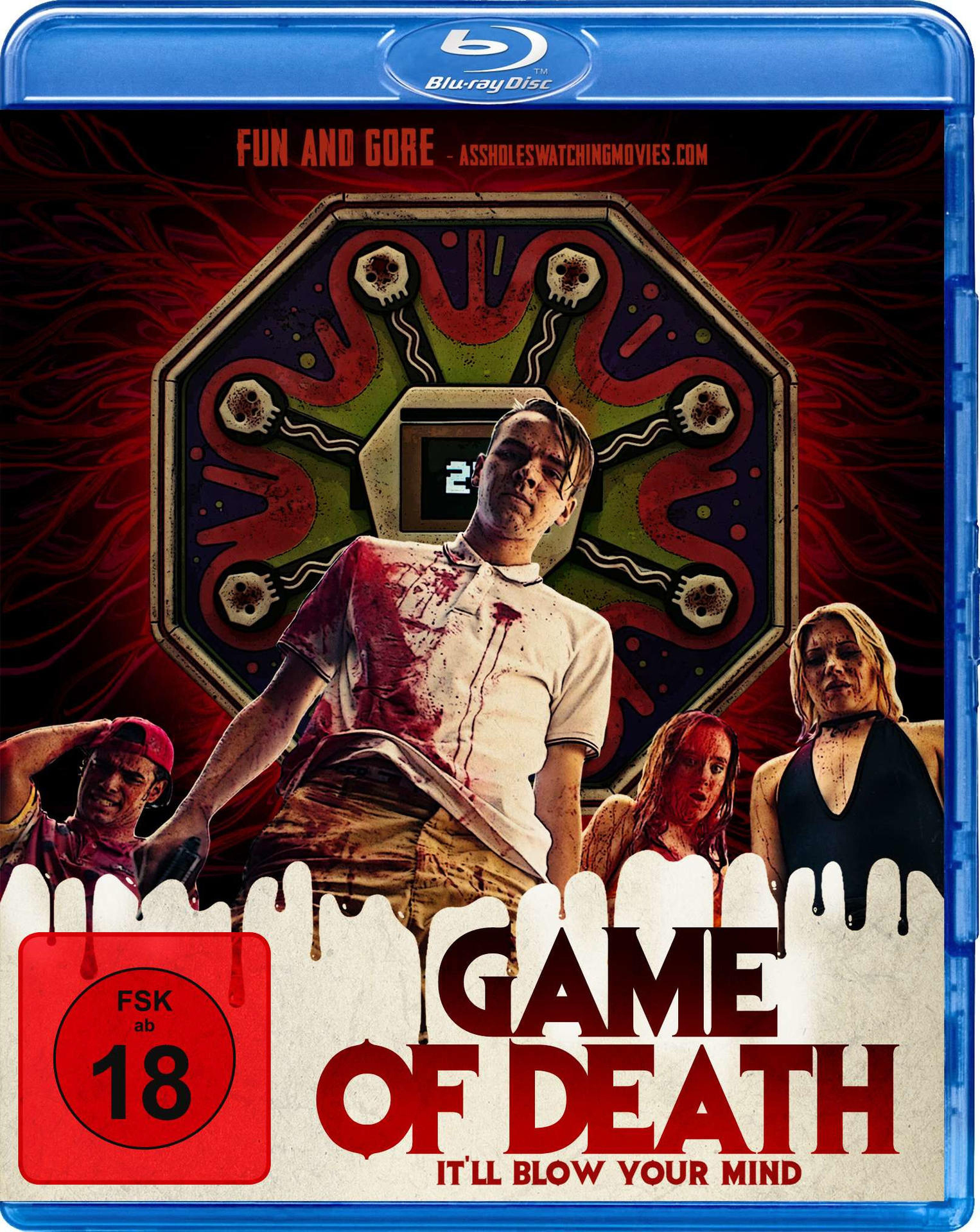 Filmcover: Menschen mit Blut im Gesicht. Titel: Game of Death, mit rotem Hintergrund und Bewertung.