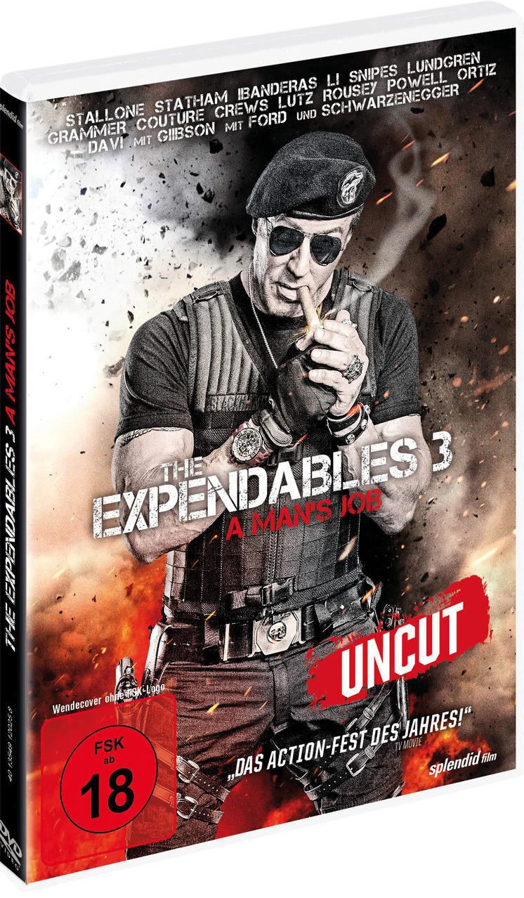 DVD-Hülle mit einem Mann, der eine Zigarre hält, der Titel lautet The Expendables 3. Uncut-Text ist sichtbar.