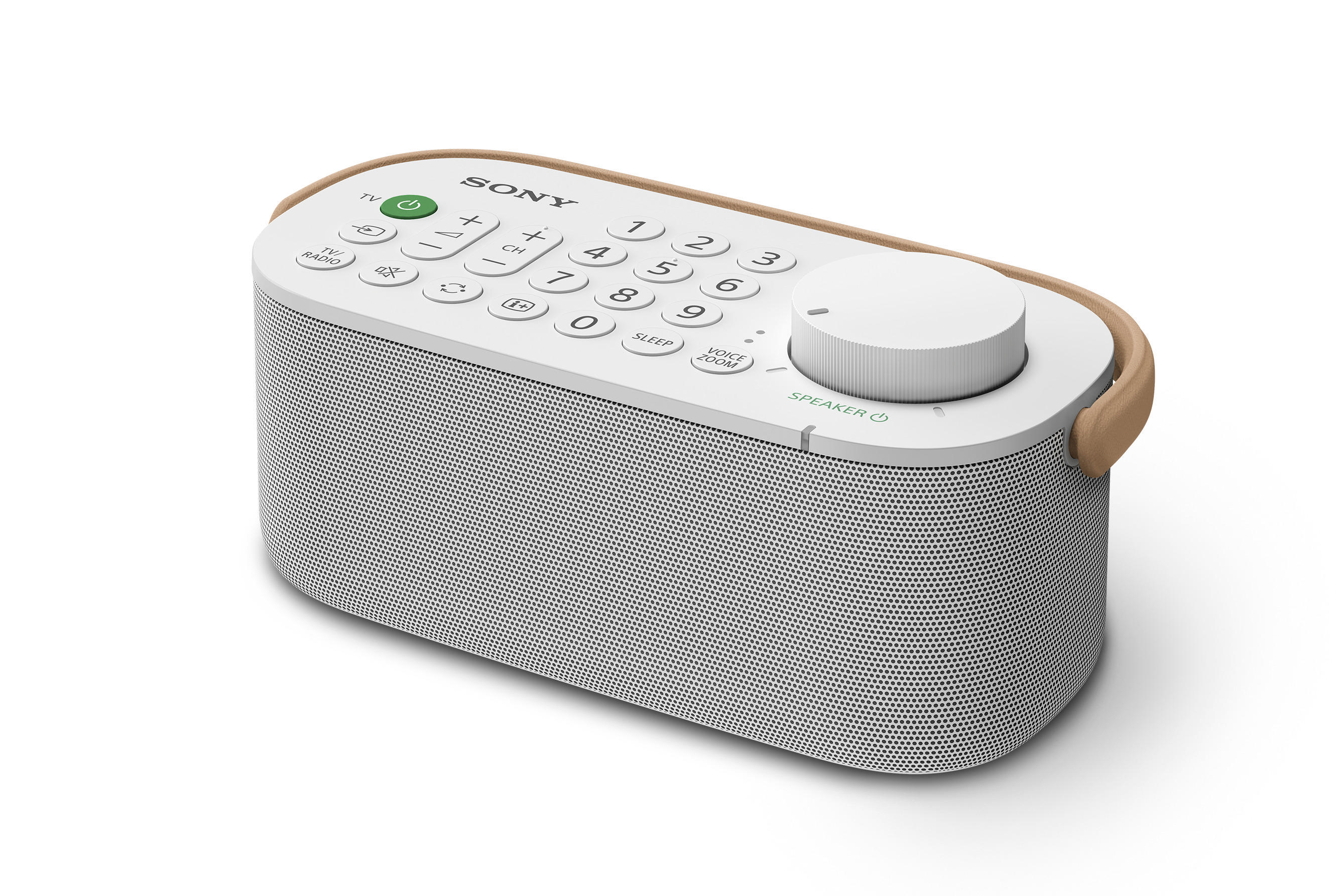 Ein weißes und hellbraunes Sony-Radio. Es hat Knöpfe und ein Rad mit einem Lautsprecher.