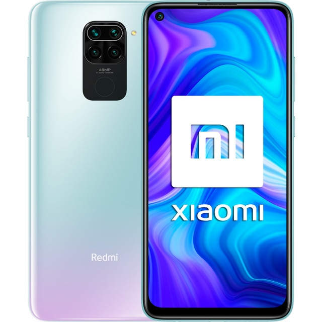 Un smartphone Xiaomi Redmi Note 9. La parte trasera es azul claro, la frontal muestra un logotipo blanco de Xiaomi.