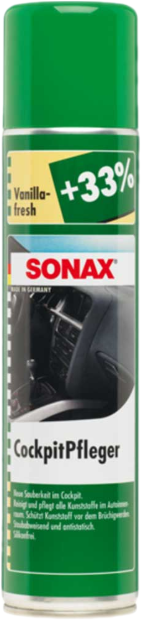 Zöld-fehér Sonax CockpitPfleger spray. Szöveg és grafika a címkén.