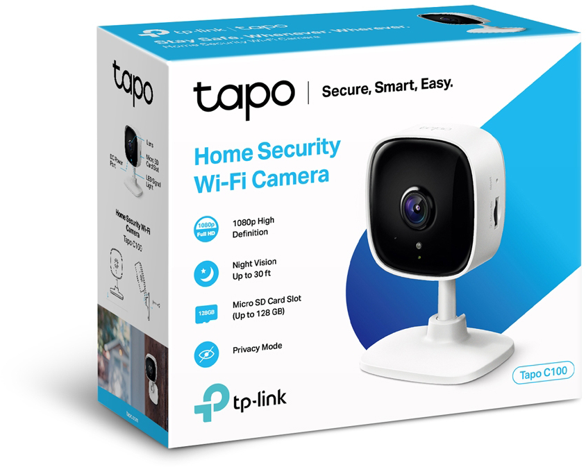 Fehér TP-Link Tapo otthoni biztonsági Wi-Fi kamera fekete lencsével és fehér dobozzal.