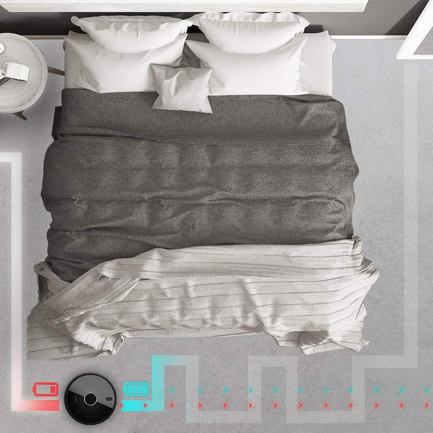 Una cama en una habitación, con un robot aspirador en el suelo y una estación de carga.