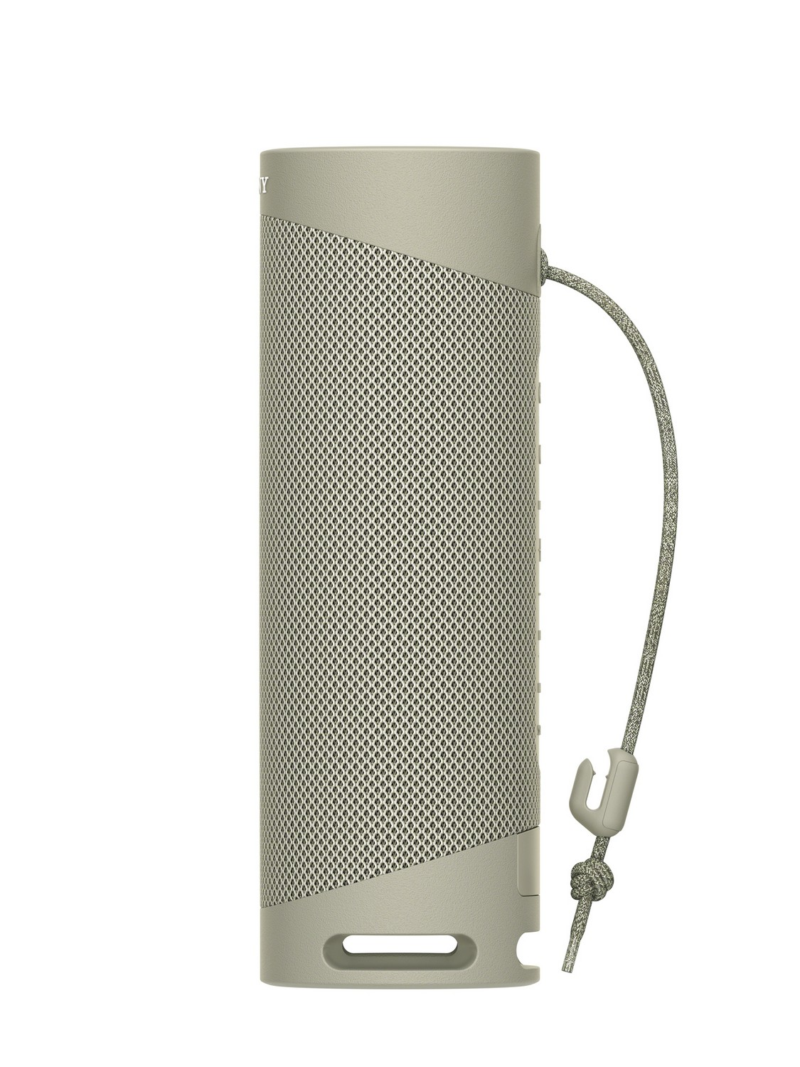 Un altavoz Bluetooth alto, cilíndrico, verde oliva con malla de tela y asa.
