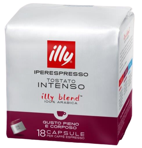 Schachtel mit Illy-Kaffeekapseln, weiß und weinrot, mit Illy-Logo und Produktinfo.