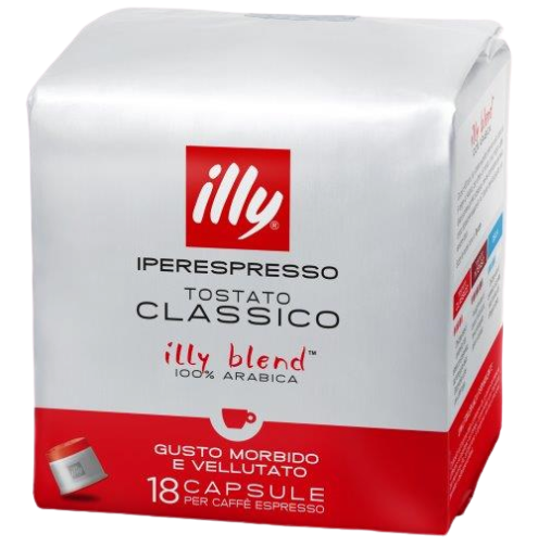 Eine weiße Illy-Kaffeekapselbox mit roten Akzenten und Illy-Logo.