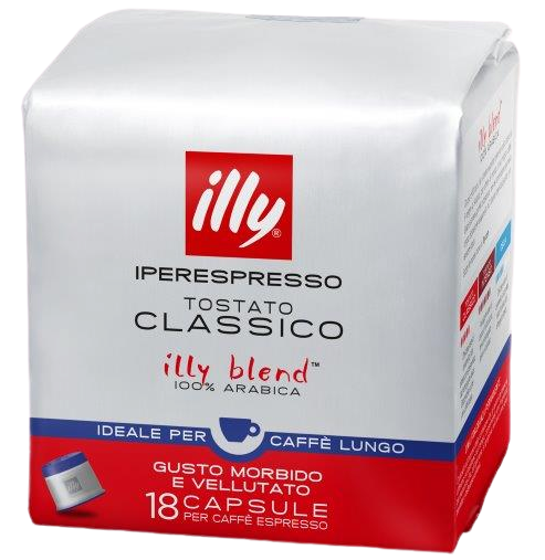 Weiße Illy Kaffeekapselbox, roter und weißer Text, 18 Kapseln.