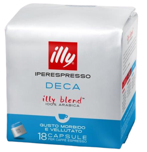 Packung Illy Iperespresso Deca Kaffeekapseln, weiß mit blauen Akzenten.