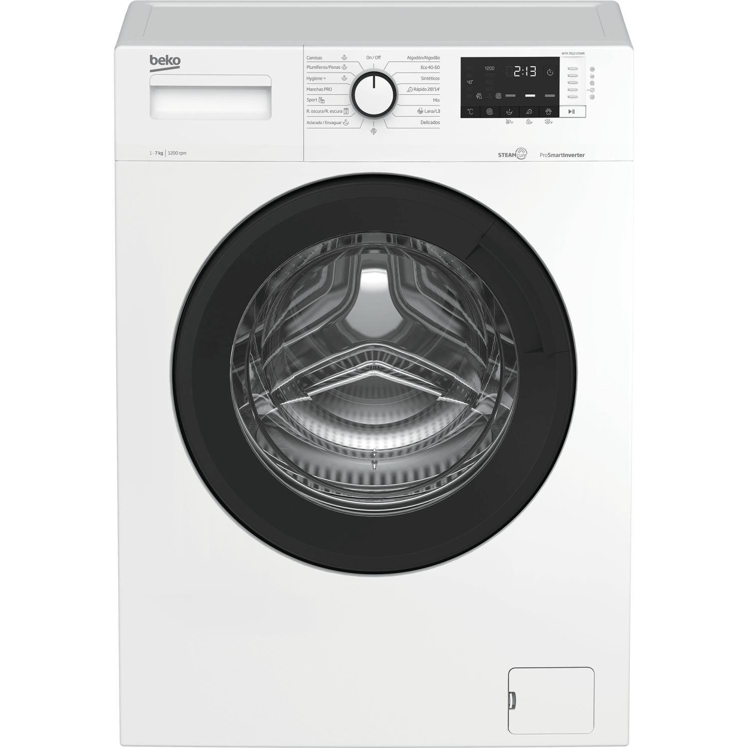 Una lavadora Beko blanca con puerta negra, sobre un fondo blanco.