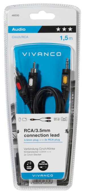 RCA-auf-3,5-mm-Audiokabel in einer Vivanco-Verpackung.