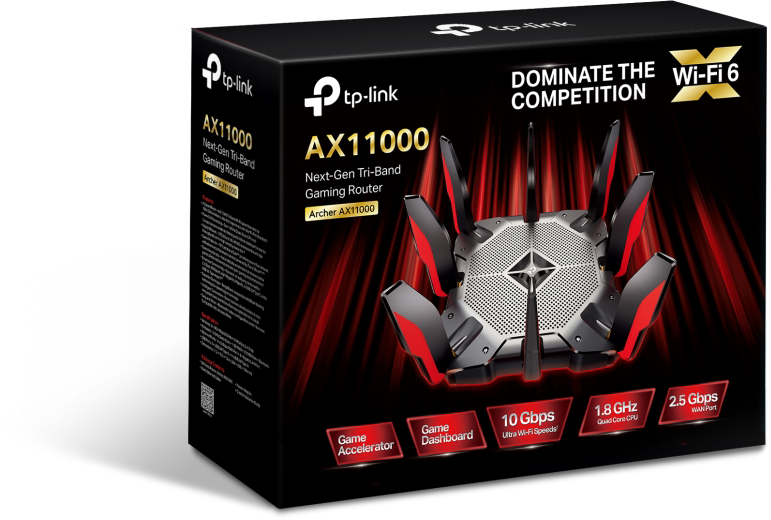 Gaming router doboz grafikával és szöveggel, piros-fekete színvilág.