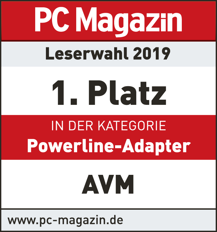 Magazin-Cover mit 'PC Magazin' und '1. Platz' auf rotem Hintergrund. AVM-Logo sichtbar.