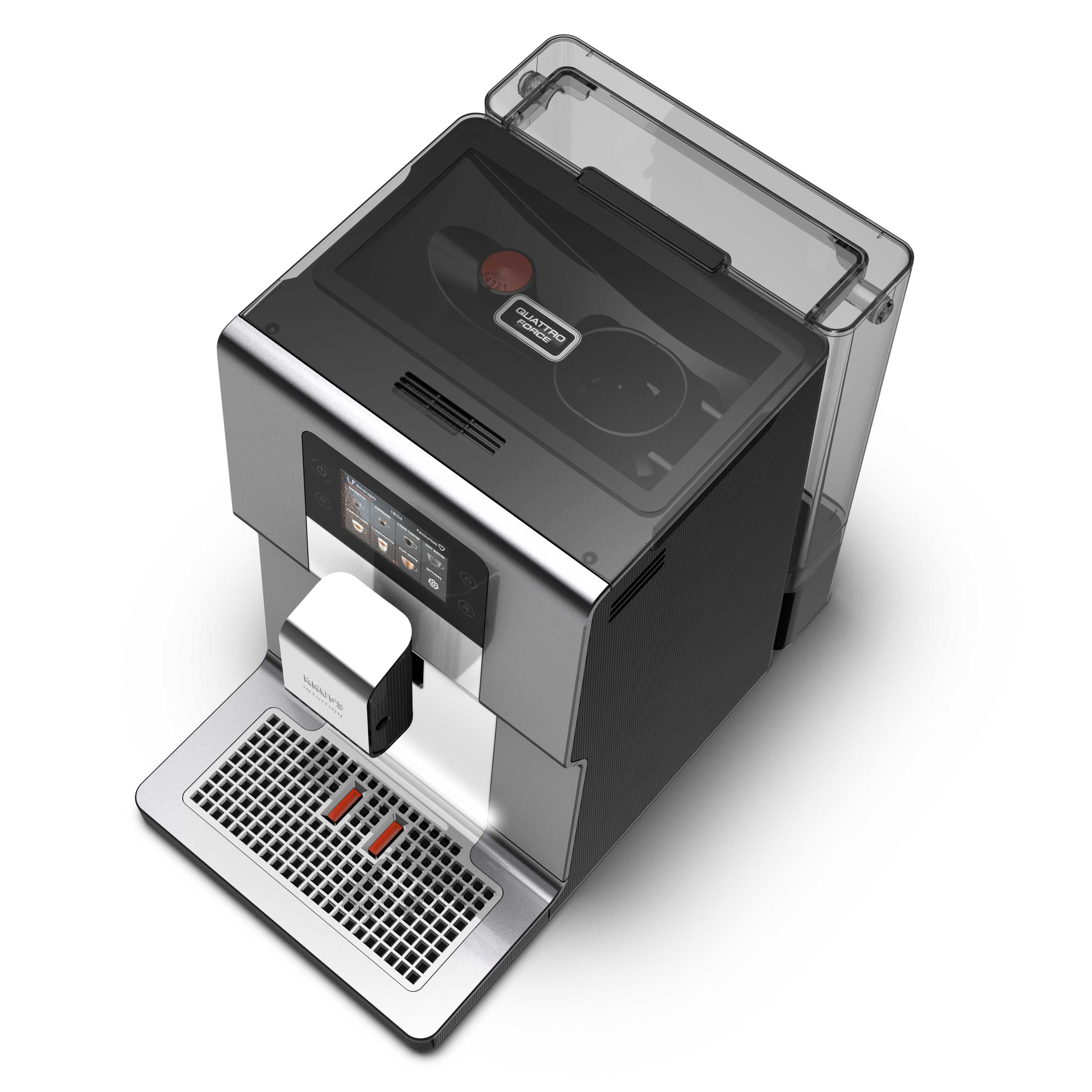 Eine silberne und schwarze Krups Quattro Force Kaffeemaschine, Draufsicht, weißer Hintergrund.