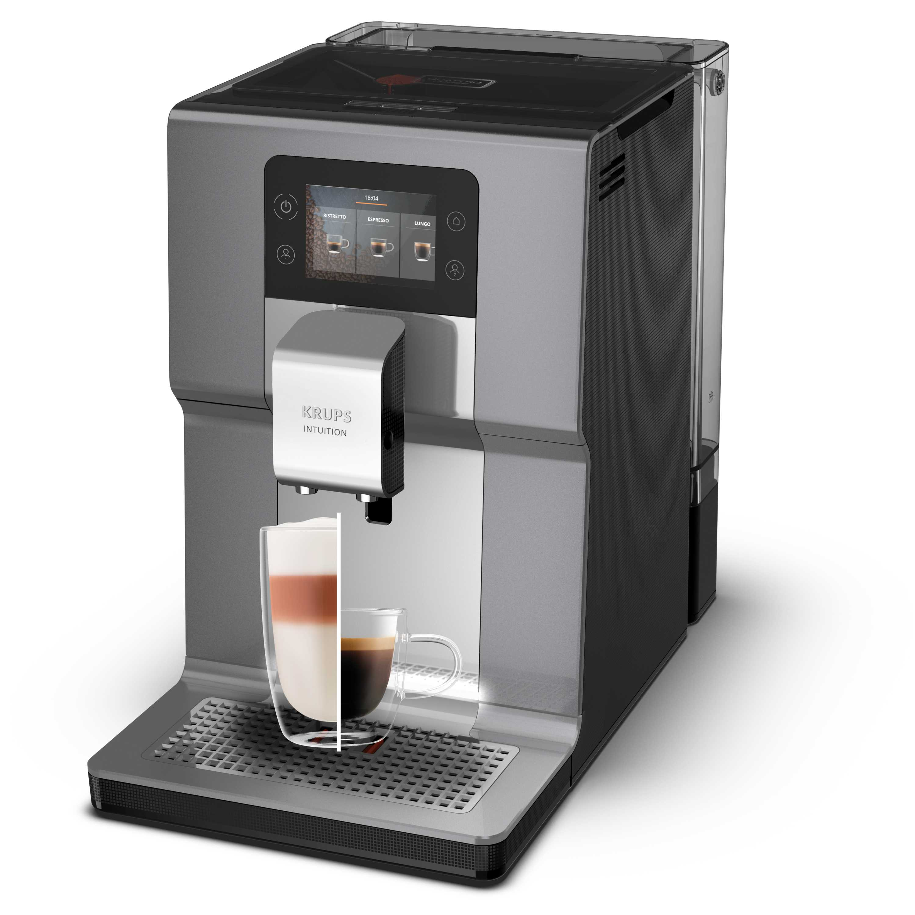 Graue Kaffeemaschine mit Glasbecher, der Kaffeeschichten zeigt, weißer Hintergrund.