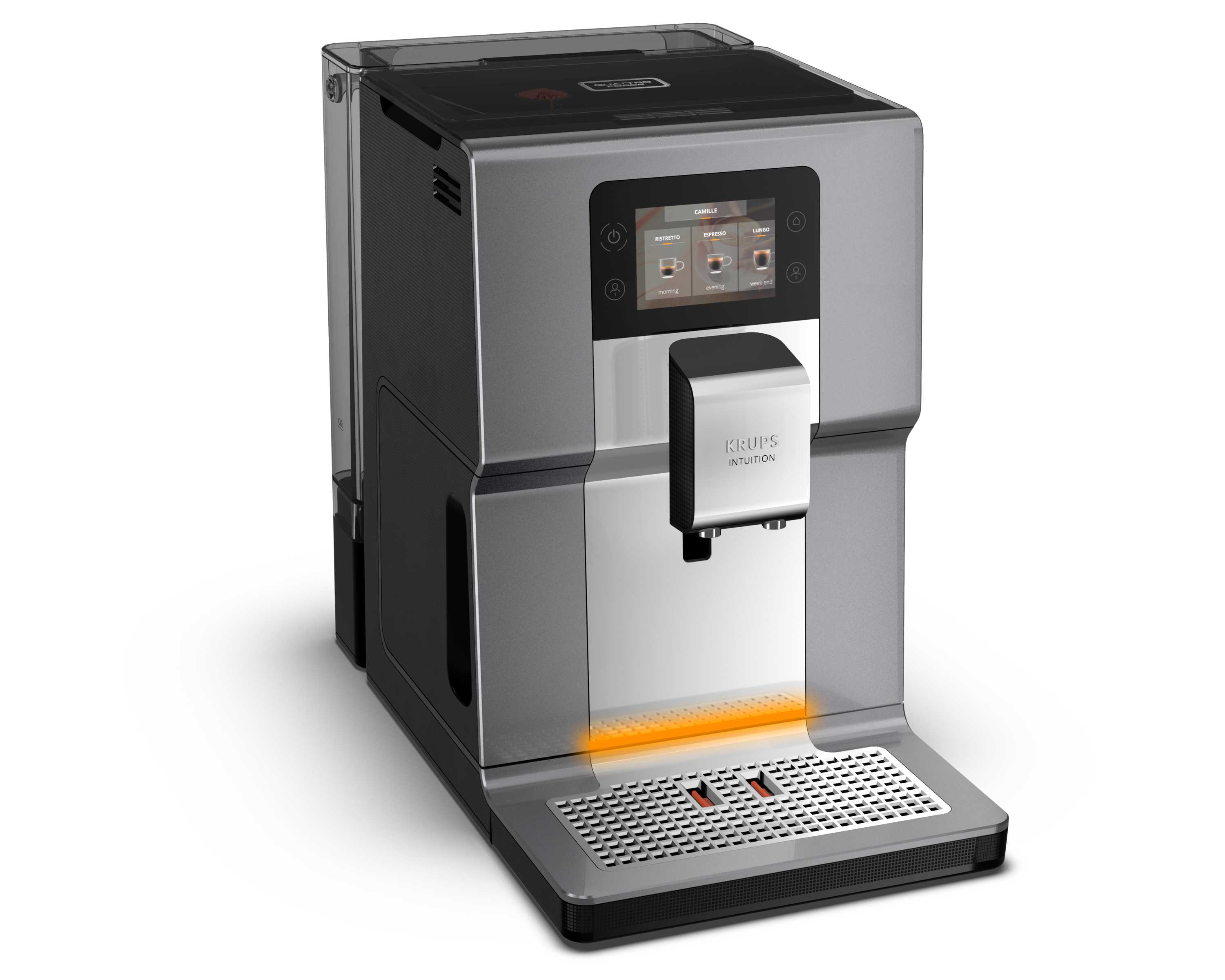 Silberne und schwarze Krups Intuition Kaffeemaschine. Sie hat einen Bildschirm und eine Tropfschale.