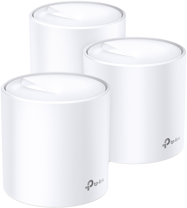 Három fehér TP-Link mesh WiFi eszköz. Hengeresek, fehér tetejűek, logóval.