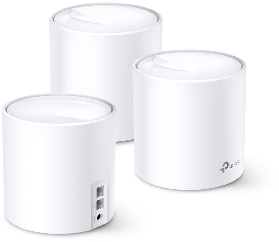 Három fehér TP-Link Deco mesh Wi-Fi eszköz fehér háttér előtt.
