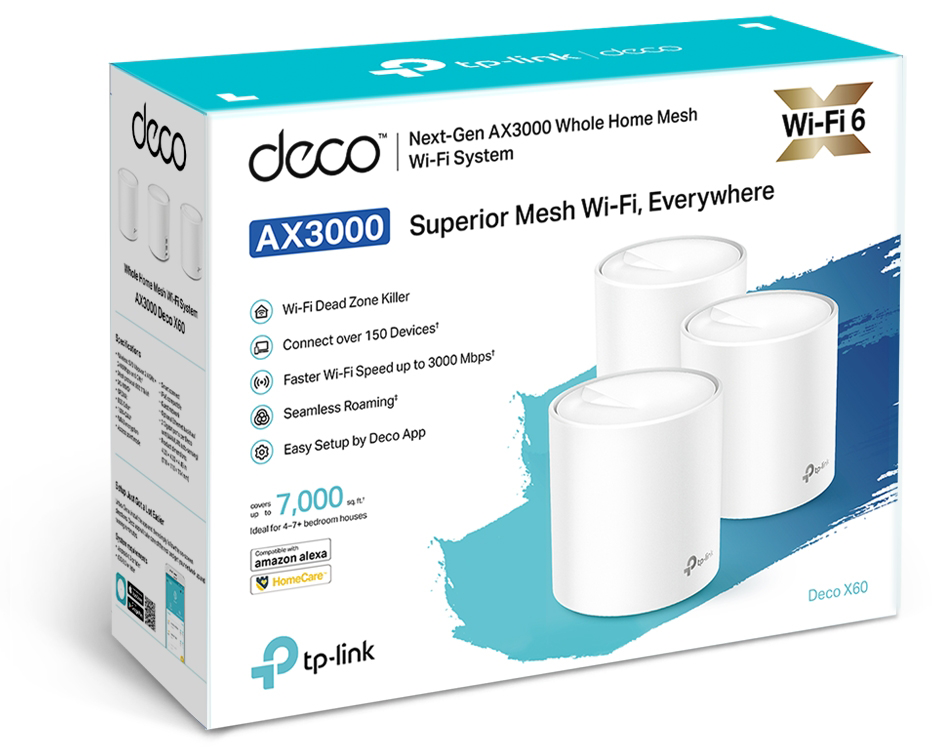 Doboz három fehér hálós Wi-Fi eszközzel. AX3000, Wi-Fi 6 felirat. Fehér háttér.