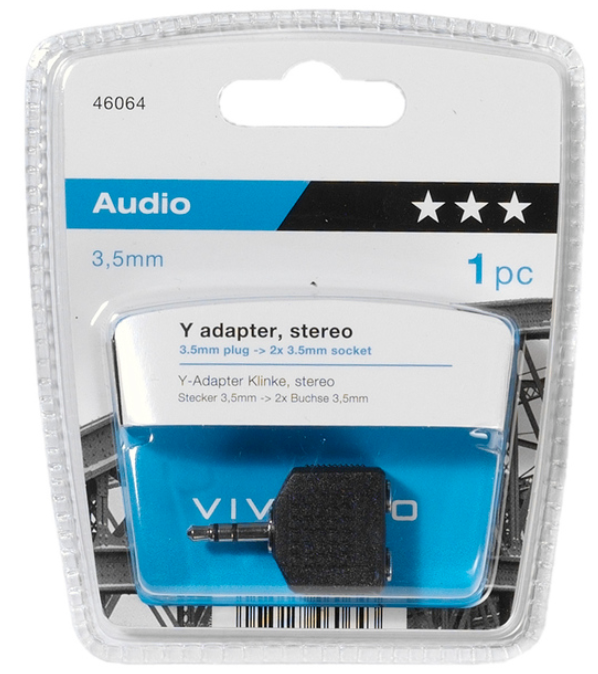 Y-Adapter, Stereo, in einer transparenten Kunststoffverpackung.